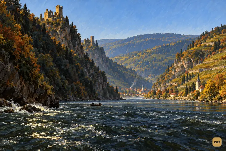 The Rhine runs dark and fast through a steep gorge below Mainz.