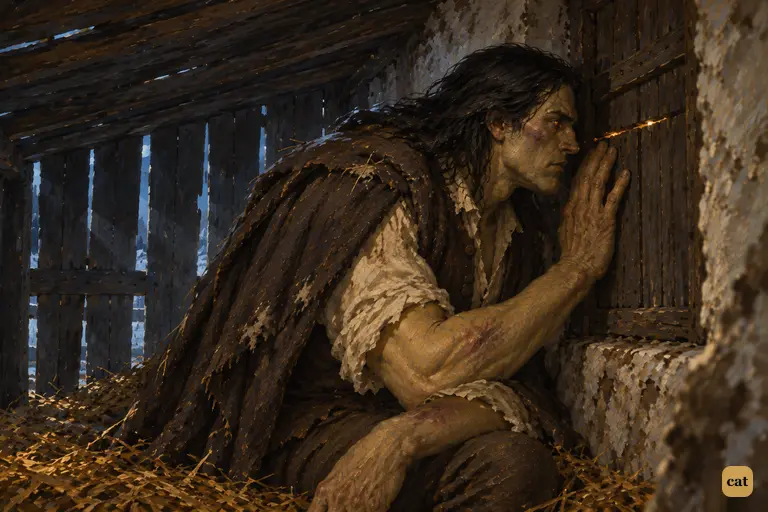 On a sleepless winter night, the bruised creature leans his huge body toward the boarded window.