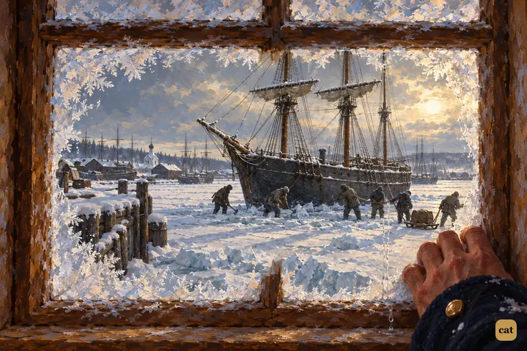 Through a scraped spot in the frosted window, Walton watches his brig held in the ice