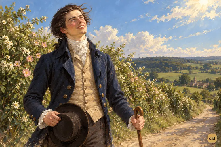 Fully recovered, Victor lifts his smiling face to the May sky beside a flowering hedge