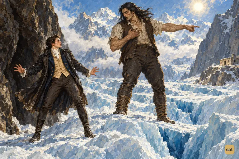 On the glacier, the creature points to the far hut and puts the choice to Victor