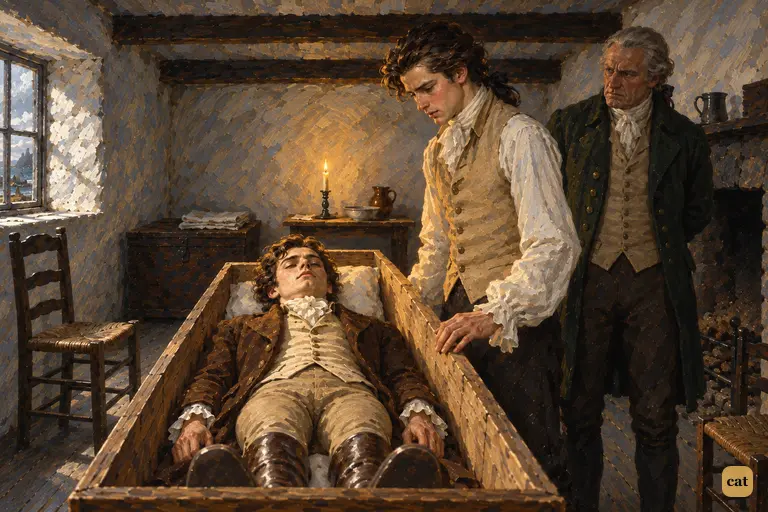 Victor is led up to the open coffin in the inn room while Mr. Kirwin watches his face.