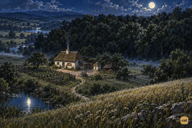A lone whitewashed cottage between moonlit fields and a black wood, one window glowing