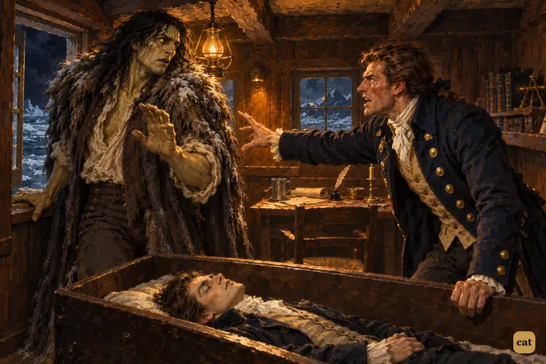 Across his dead friend's coffin, Walton flings out his arm and shouts at the creature