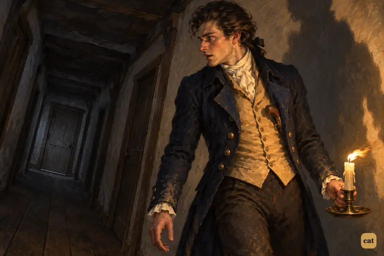A scream comes from Elizabeth's room, and Victor stops dead in the dark inn passage.