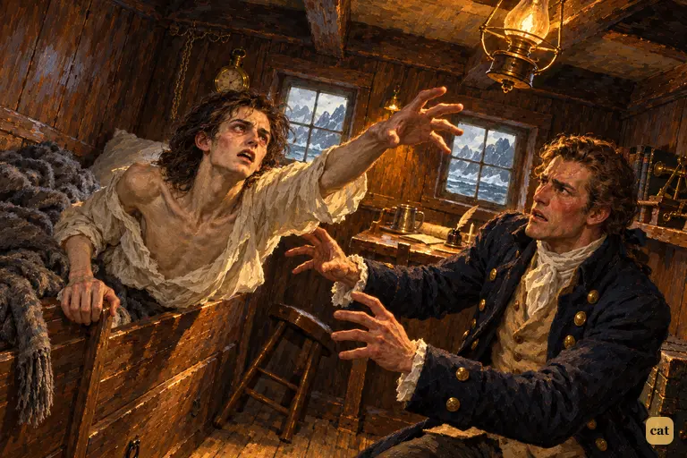 Frankenstein tries one last time to rise from his bunk, and his strength gives out