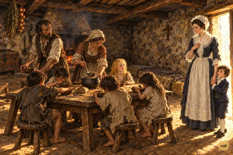 A lady and her small son step into the smoky, dark room of a Lombard peasant cot