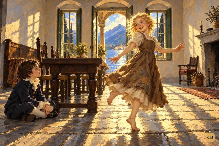 Little Elizabeth skips across the villa hall at Como as five-year-old Victor watches