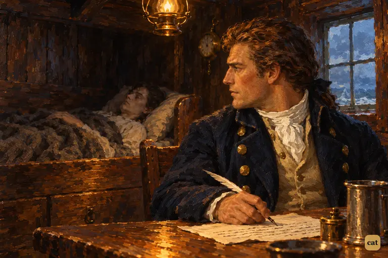 Walton stops writing to Margaret by lamplight and looks back at the dim bunk