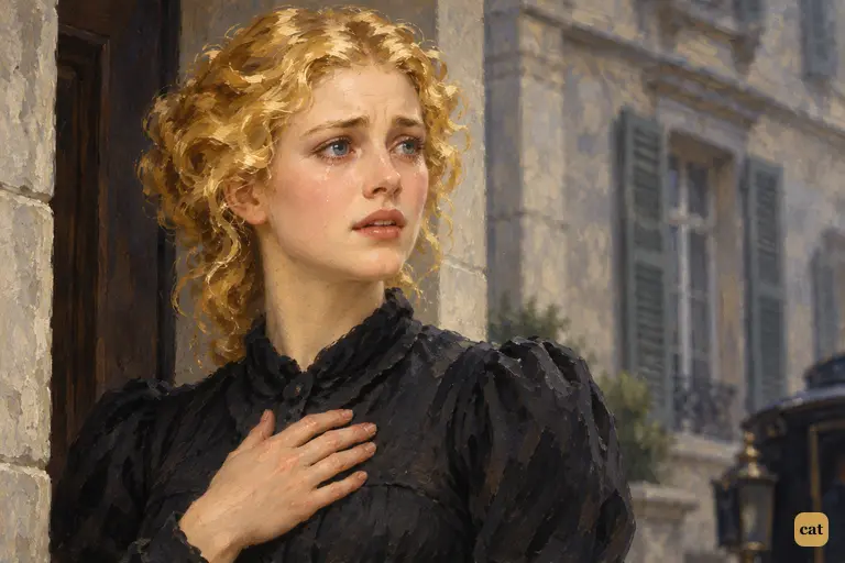 Elizabeth stands on the step of the grey Geneva house in her dark mourning gown.