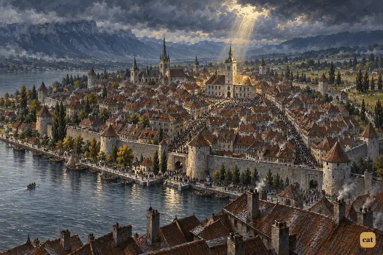On a grey morning, Geneva streams toward the town hall where Justine's trial will begin