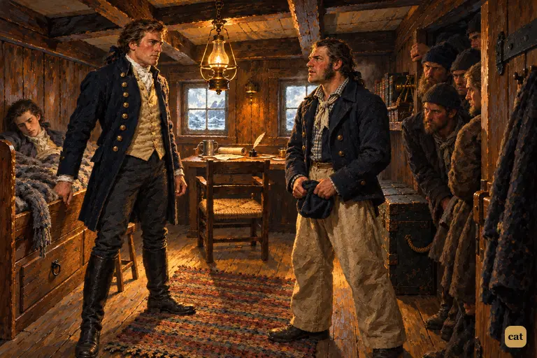 Half a dozen sailors crowd the captain's cabin door as their spokesman steps forward
