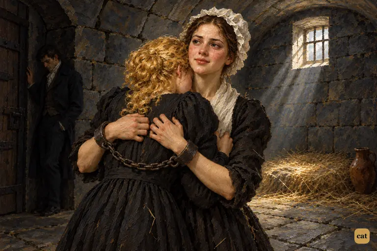 Justine is chained and condemned, yet she is the one giving comfort.