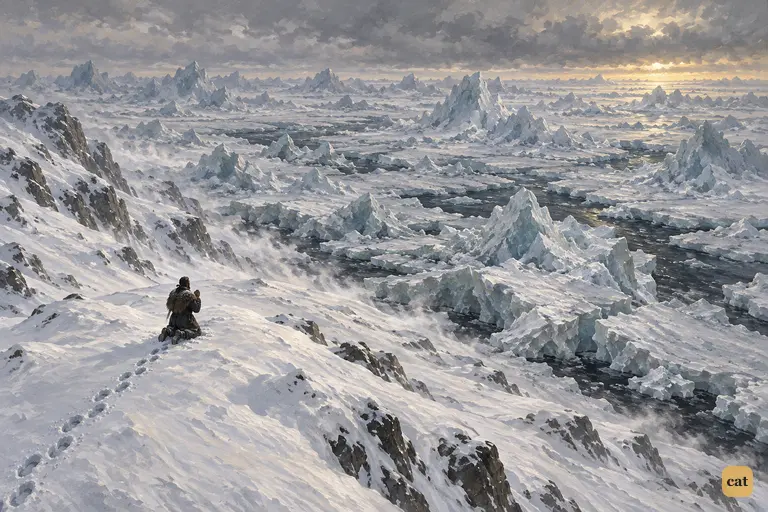 Victor kneels on a snowy rise and gives thanks as the ice-bound ocean opens before him
