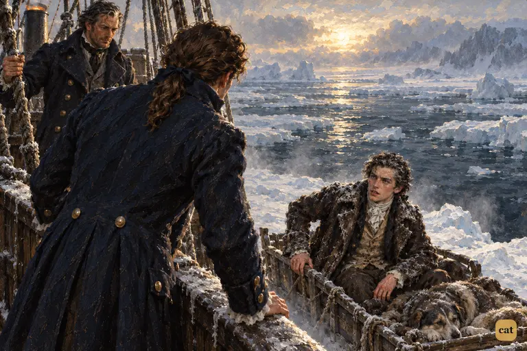 On a drifting floe, a frozen stranger asks Walton where the ship is bound
