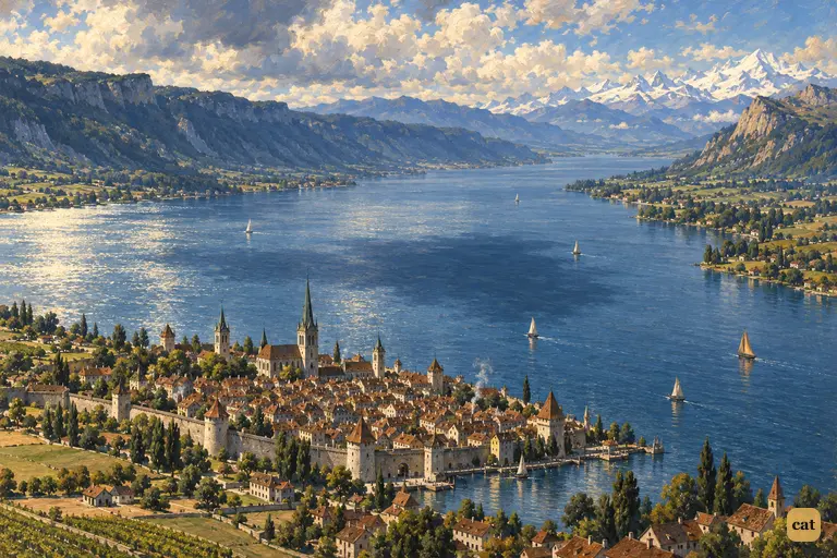 Walled Geneva by its long blue lake, with tiny sails and the snowy Alps beyond