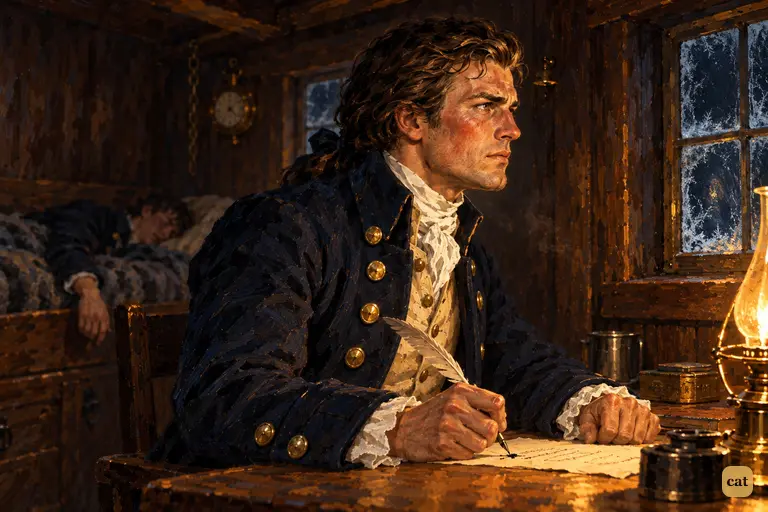 Late at night, Walton sits alone at his letter with the quill stopped on the page
