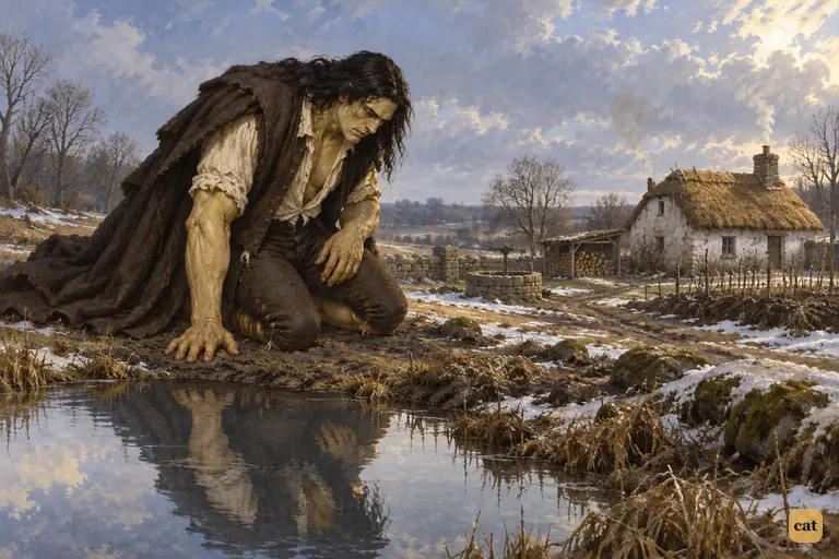 By a still pool, the creature bends over the water to see his face for the first time