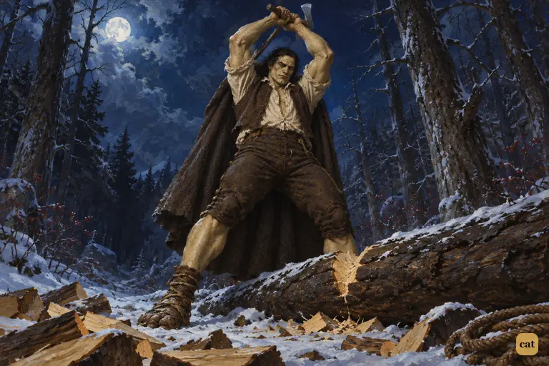 In the moonlit wood, the creature raises Felix's axe to cut firewood for the family
