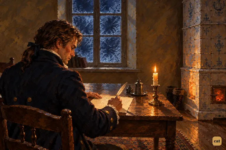 Late at night, Walton holds his inked quill above the page, about to sign R.