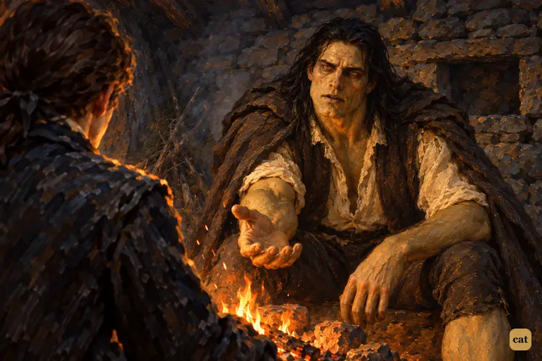 Leaning across the hut fire, the Creature demands a companion of the same species