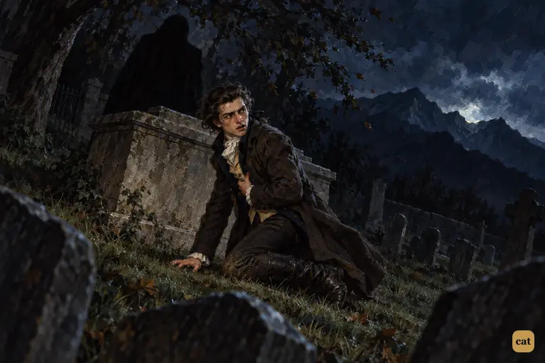 Victor kneels at his family's tomb and twists round as a fiendish laugh answers his vow