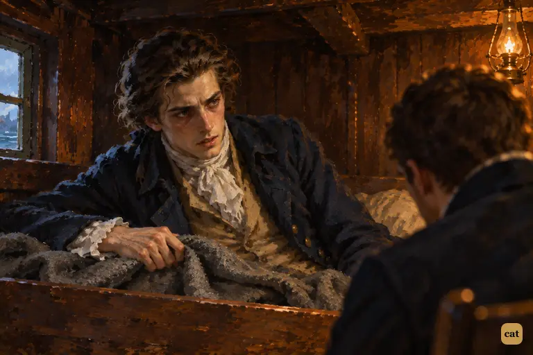 In the dim captain's cabin, the wasted stranger rises on one elbow in the bunk.