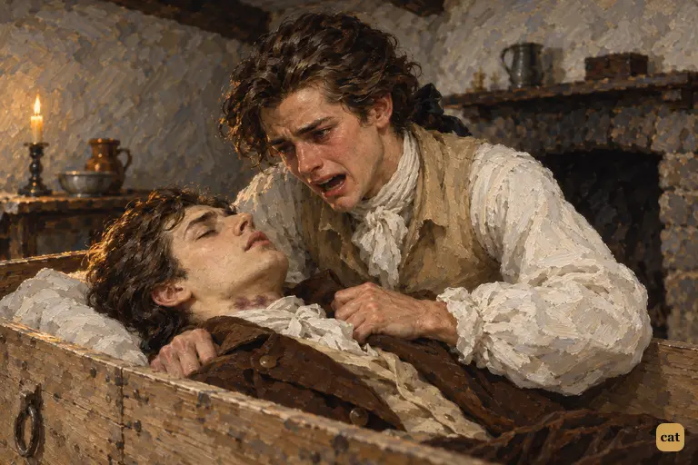In the grey inn room, Victor Frankenstein throws himself across the open coffin.