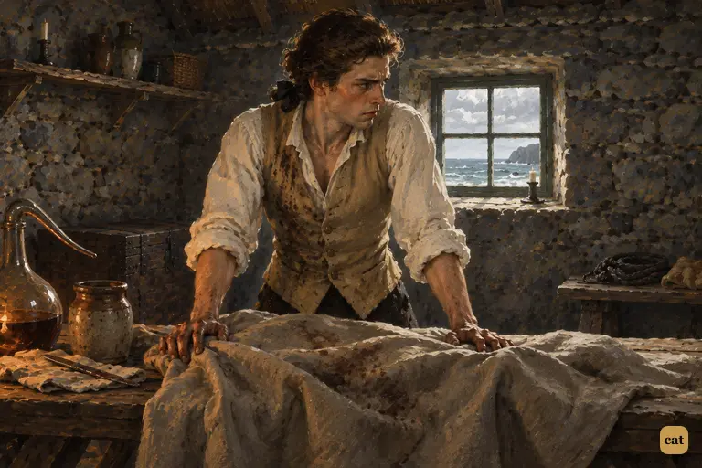 In the Orkney hut, Victor keeps his hands on the covered form and turns away in disgust
