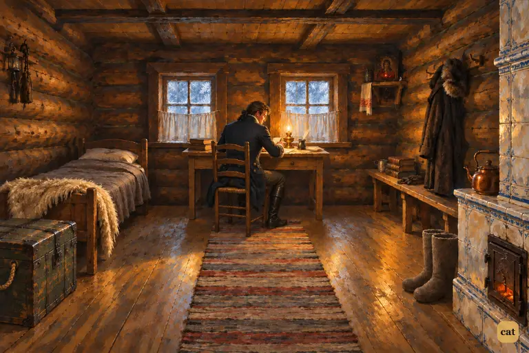 Robert Walton writes to his sister by a single oil lamp in his Archangel room