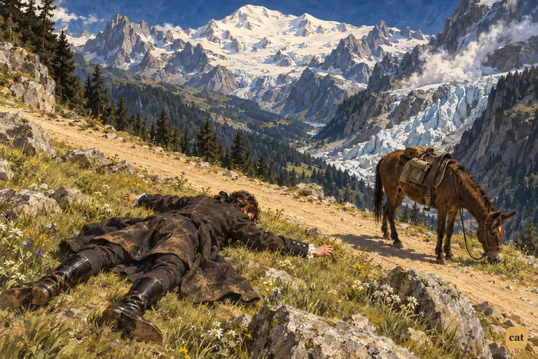 On the road into Chamounix, grief-worn Victor throws himself face-down on the grass