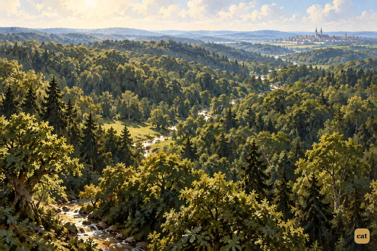 A high view over the endless forest near Ingolstadt in hazy summer glare.