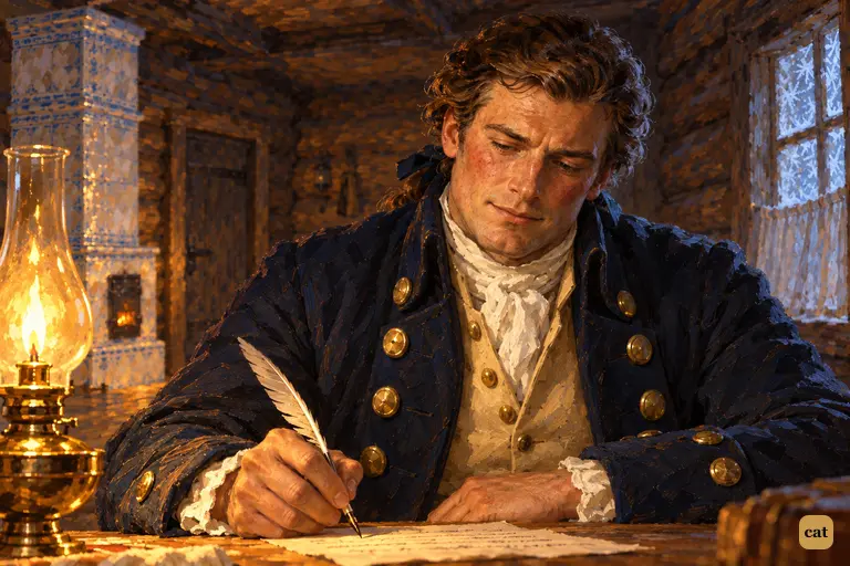 Alone in his frozen lodging room in Archangel, the weathered captain softens by the lamplight.