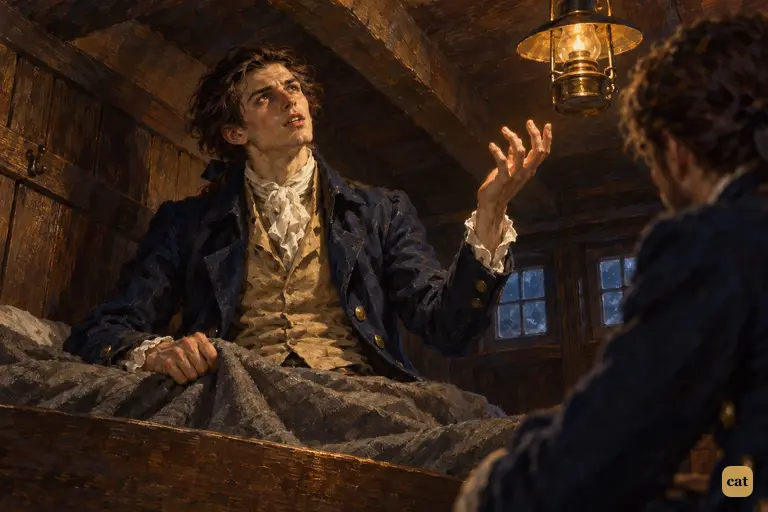 Sitting up in the narrow bunk, wasted Frankenstein lifts his face and an open hand