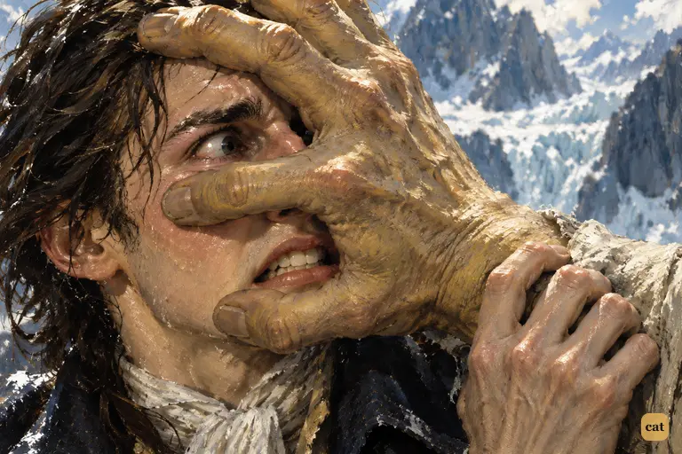 On the sea of ice, the creature lays his huge hand over Victor's eyes