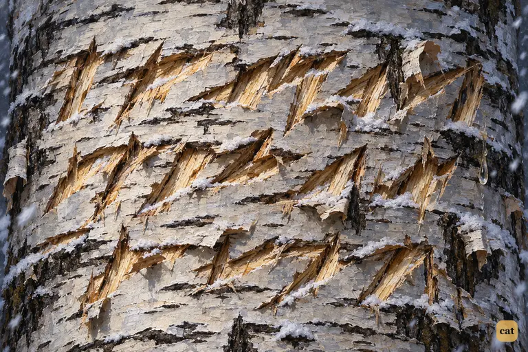 Fresh, deep letters are hacked into the white bark of an old birch while snow falls.
