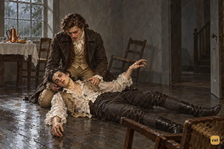 Victor lies unconscious on the floorboards of his Ingolstadt room after his seizure.