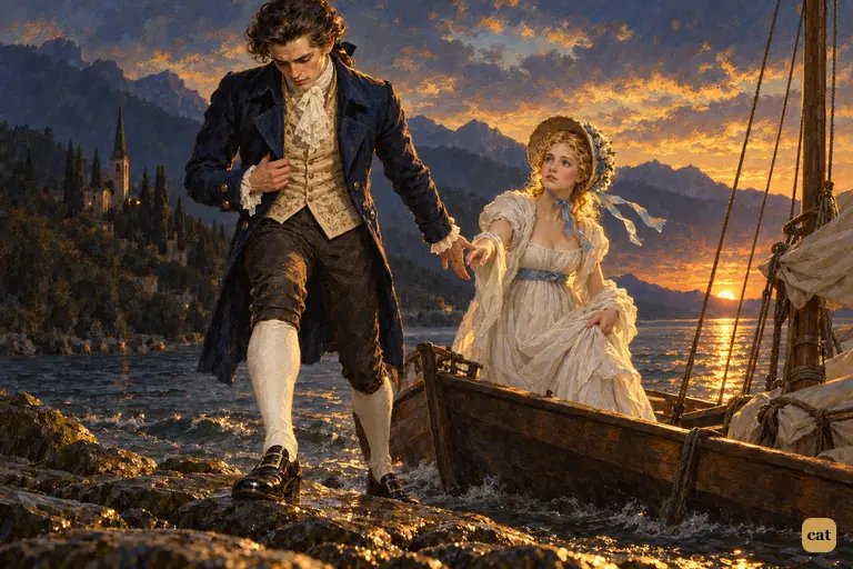 At sunset, Victor steps onto the Evian shore and reaches back for Elizabeth's hand