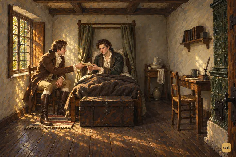 In the sickroom, Clerval puts Elizabeth's letter into the thin hands of recovering Victor