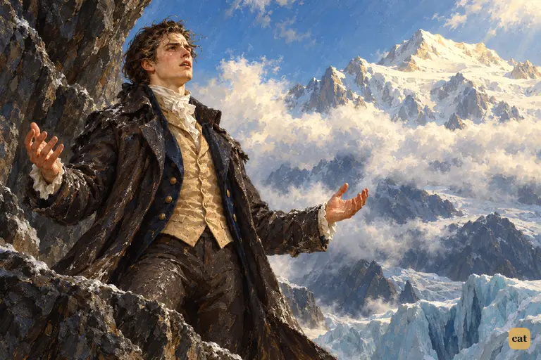 Victor Frankenstein stands in a recess of the rock above the sea of ice as the mist breaks.