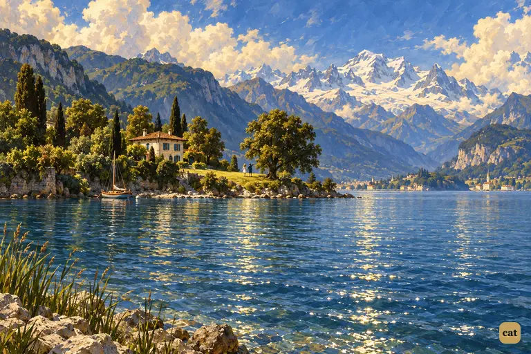 The small villa at Belrive looks tiny beside the shining Lake of Geneva and the Alps