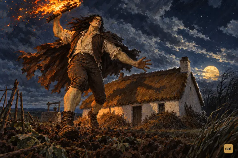 The Creature dances around the dark, empty De Lacey cottage with a burning branch