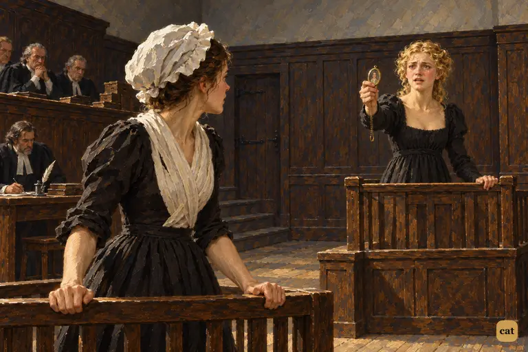 In the witness stand, Elizabeth holds up the gilt miniature she hung round William's neck