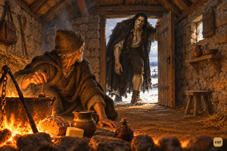 A giant stoops under the lintel of a shepherd's hut, dark against the glare of the snowy fields.