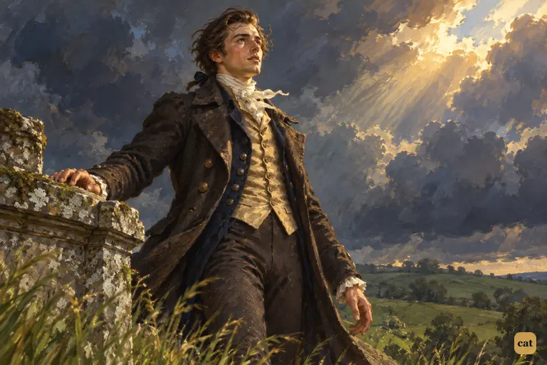At Hampden's tomb, Victor briefly straightens toward a shaft of sun through the clouds