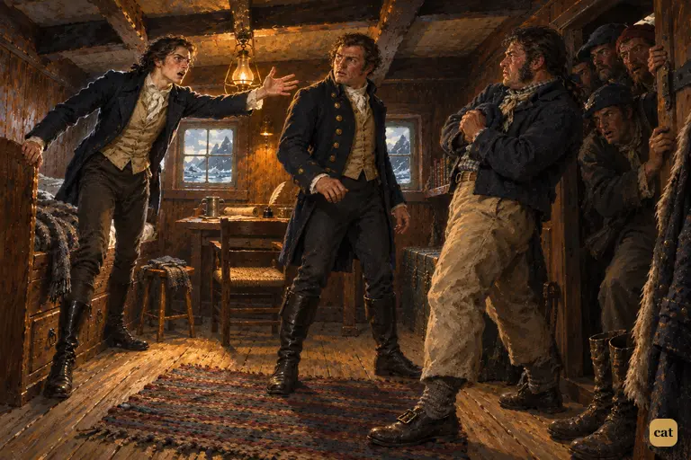 The dying guest rises from his bunk and urges the mutinous sailors to be more than men