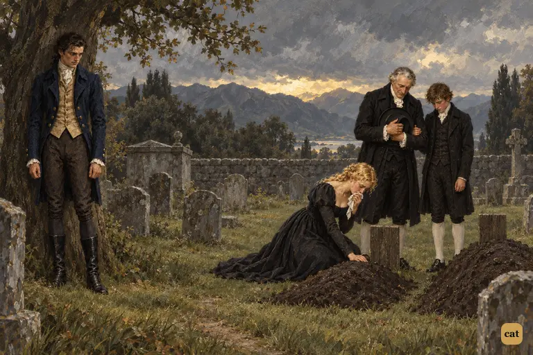 Victor stands alone as his family grieves over the graves of William and Justine