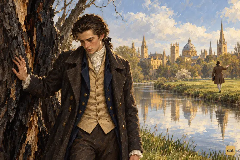 At Oxford, Victor rests his hand on a lightning-split willow above the Isis