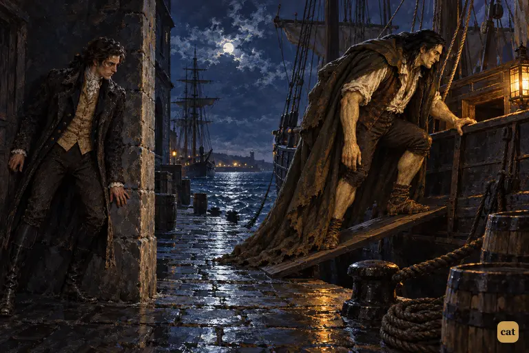 From a warehouse shadow, Victor watches the creature board a brig bound for the Black Sea
