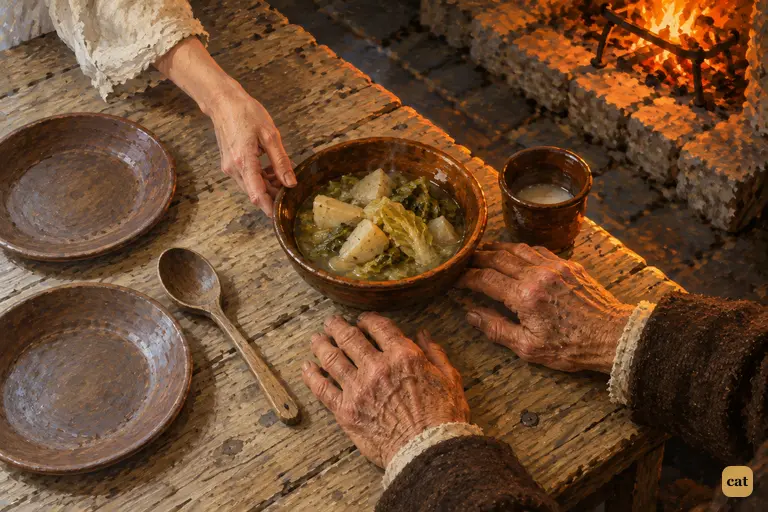 A young woman sets the only bowl of food before her blind father; two plates lie empty